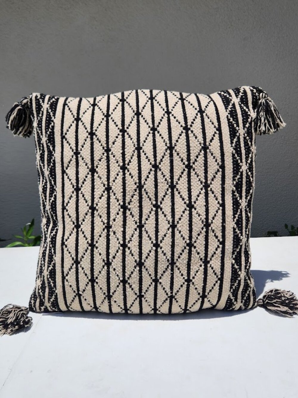 Hand Woven Geometric Accent Throw Pillow Creme Black Off White with Tassels 21"